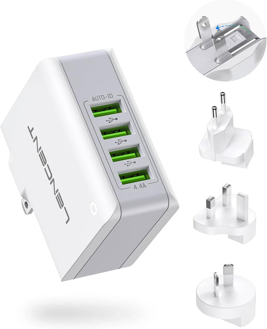 LENCENT USB Charger Plug, 4-Port USB Universal Travel Adaptor, 22W/5V 4.4A Wall Charger with UK/USA/EU/AUS Worldwide Travel Charger Adapter for iPhone, iPad, Android Phones, Tablets, and More