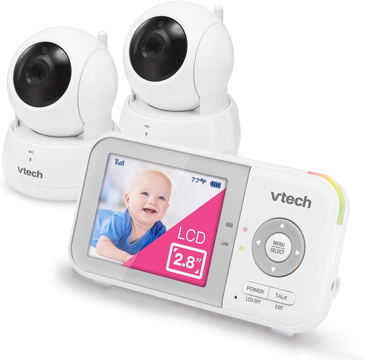 VTech VM923-2 Video Baby Monitor with 19-Hour Battery Life, 2 Cameras, 1000ft Long Range, Pan-Tilt-Zoom, Enhanced Night Vision, 2.8”Screen, 2-Way Audio Talk, Temperature Sensor and Lullabies