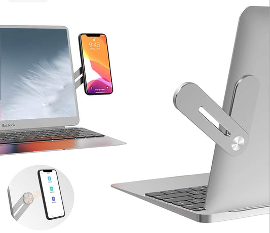 Amirozone Laptop Phone Holder, Laptop or Desktop Monitor Side Mount Phone Holder, Slim Portable Foldable Smartphone Stand, Computer Monitor Expansion Bracket, Compatible with Any Phone, Silver