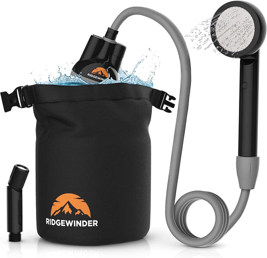 Ridgewinder Portable Shower for Camping with Dry Bag - Camp Shower with Rechargeable Battery and Included 10L Dry Bag for Water Storage. Complete Camping Shower in a Bag (+Sprayer Attachment).