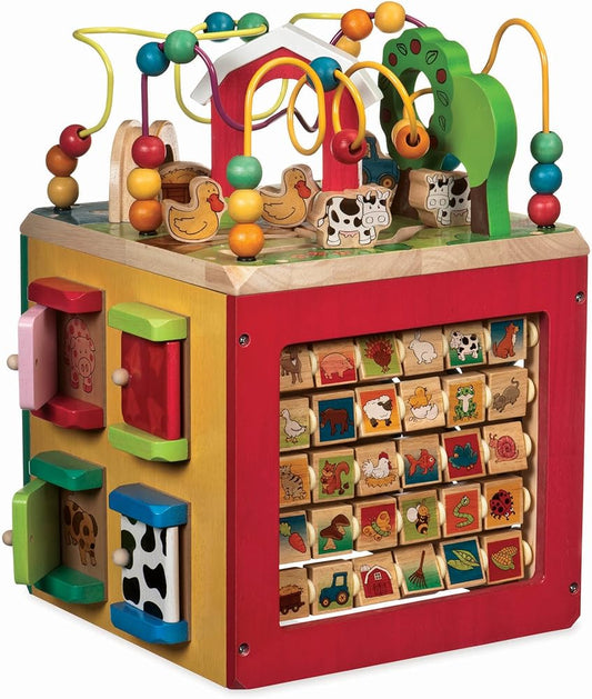 Battat – Farm Animals Activity Center – Solid Wood Baby Toy – Child Development Classic – 5 Sides, Bead Maze, Puzzles – 12 Months + – Farm Activity Cube